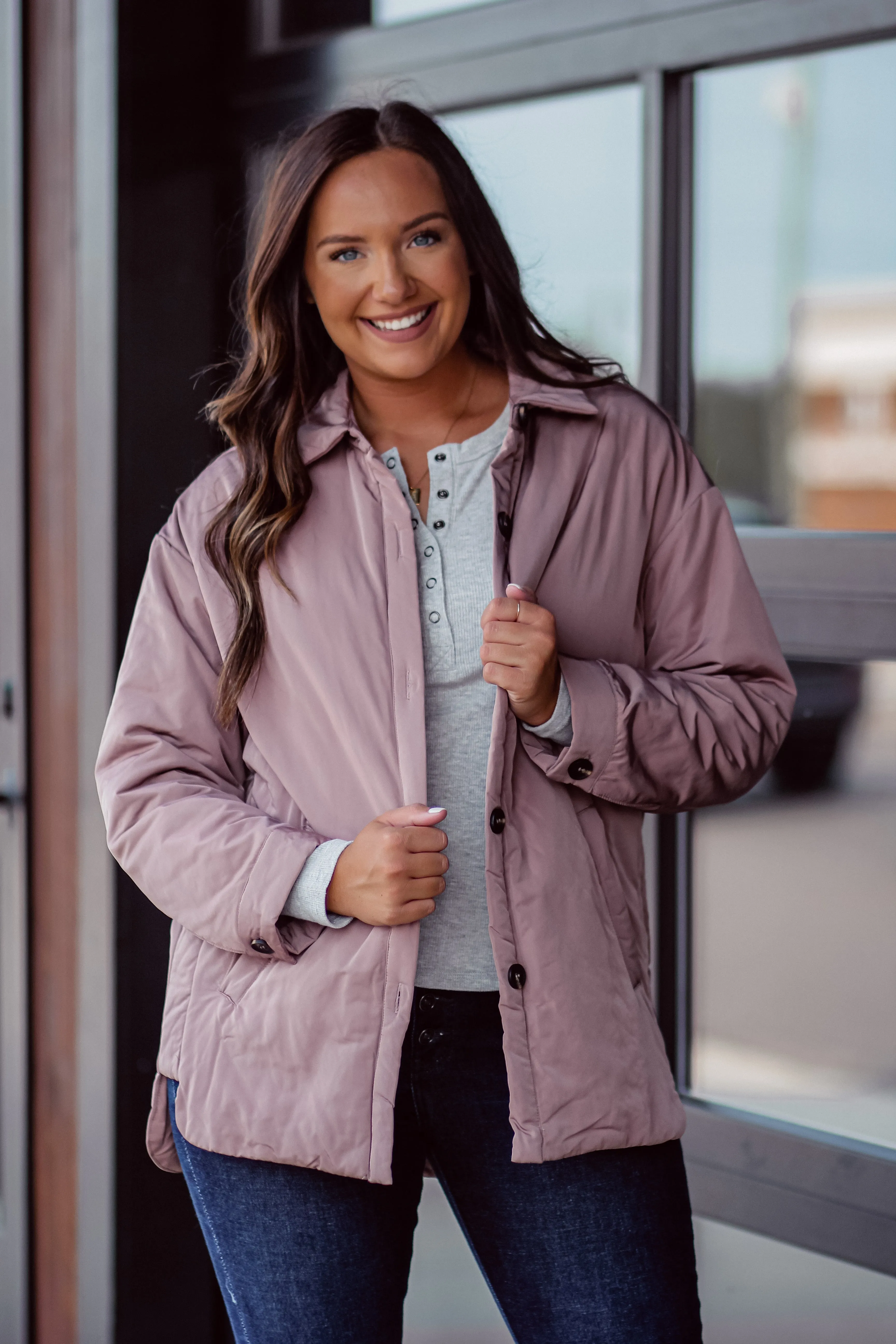Mauve Button Down Puffy Jacket