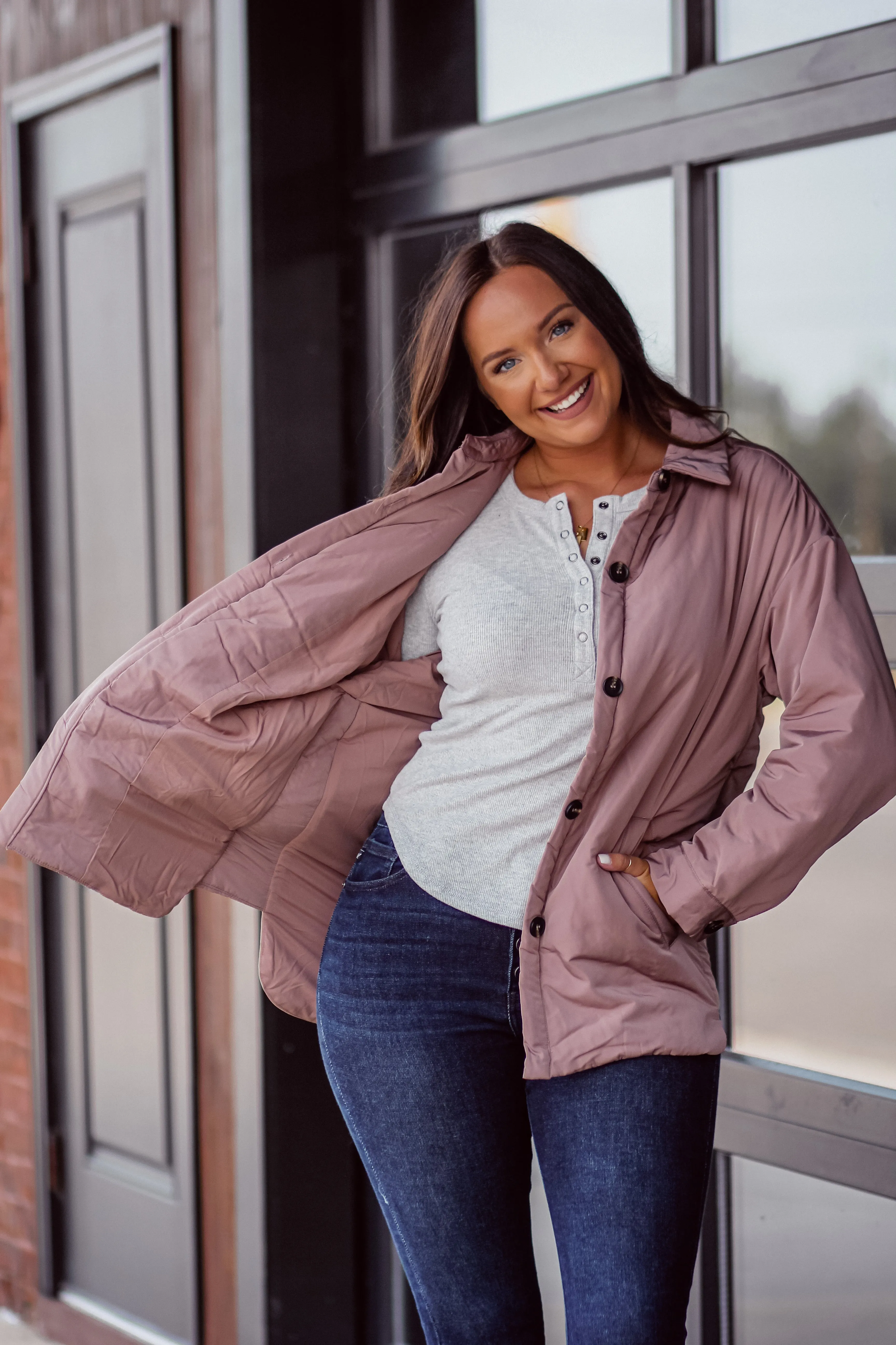 Mauve Button Down Puffy Jacket