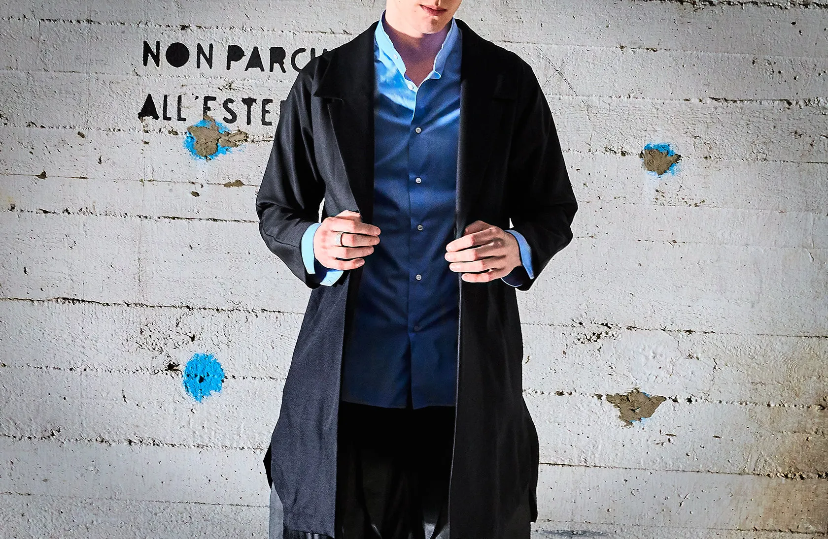 Mens Origami Cool Wool Tailored Long Jacket  Black, Modern Elegance
