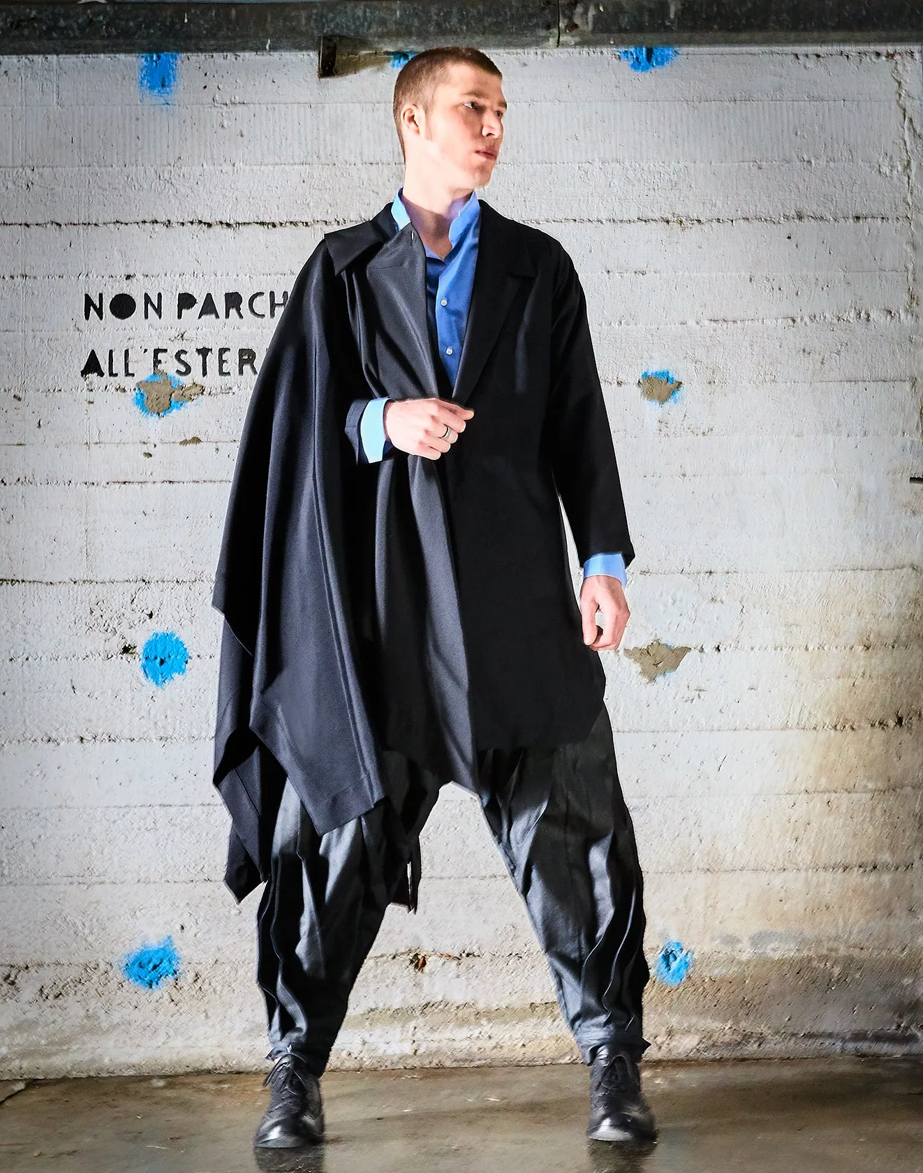 Mens Origami Cool Wool Tailored Long Jacket  Black, Modern Elegance