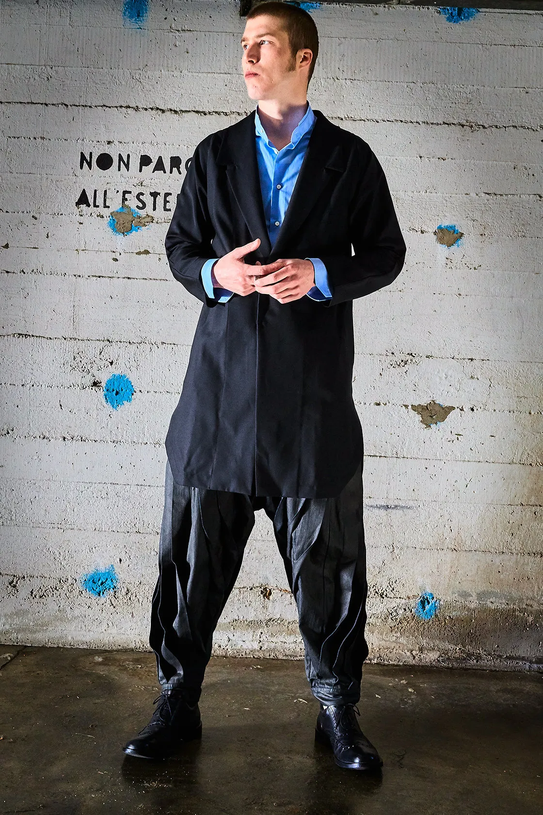 Mens Origami Cool Wool Tailored Long Jacket  Black, Modern Elegance