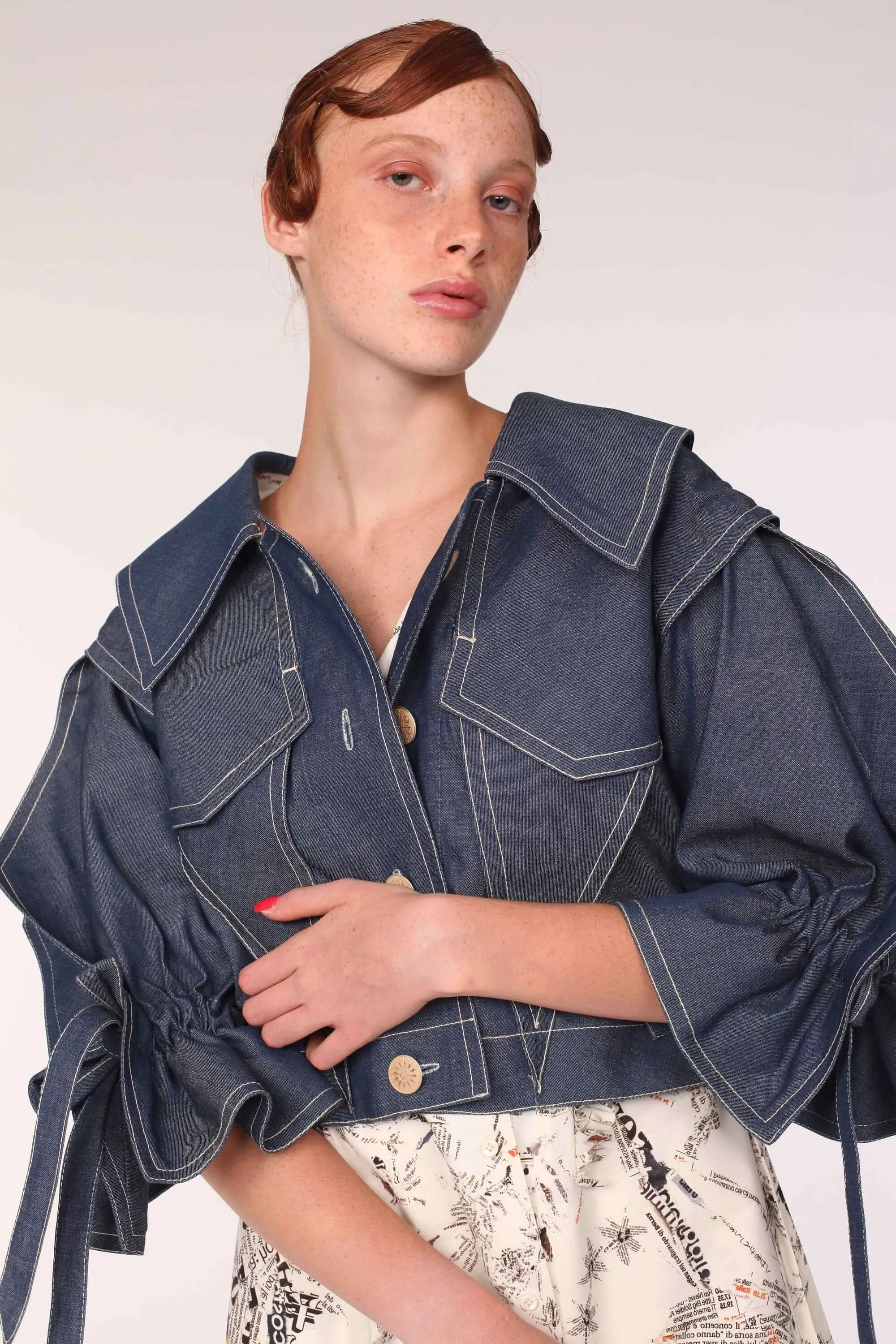 Origami Squarish Sleeve Cotton Denim Jacket  Handmade in Japan, Navy