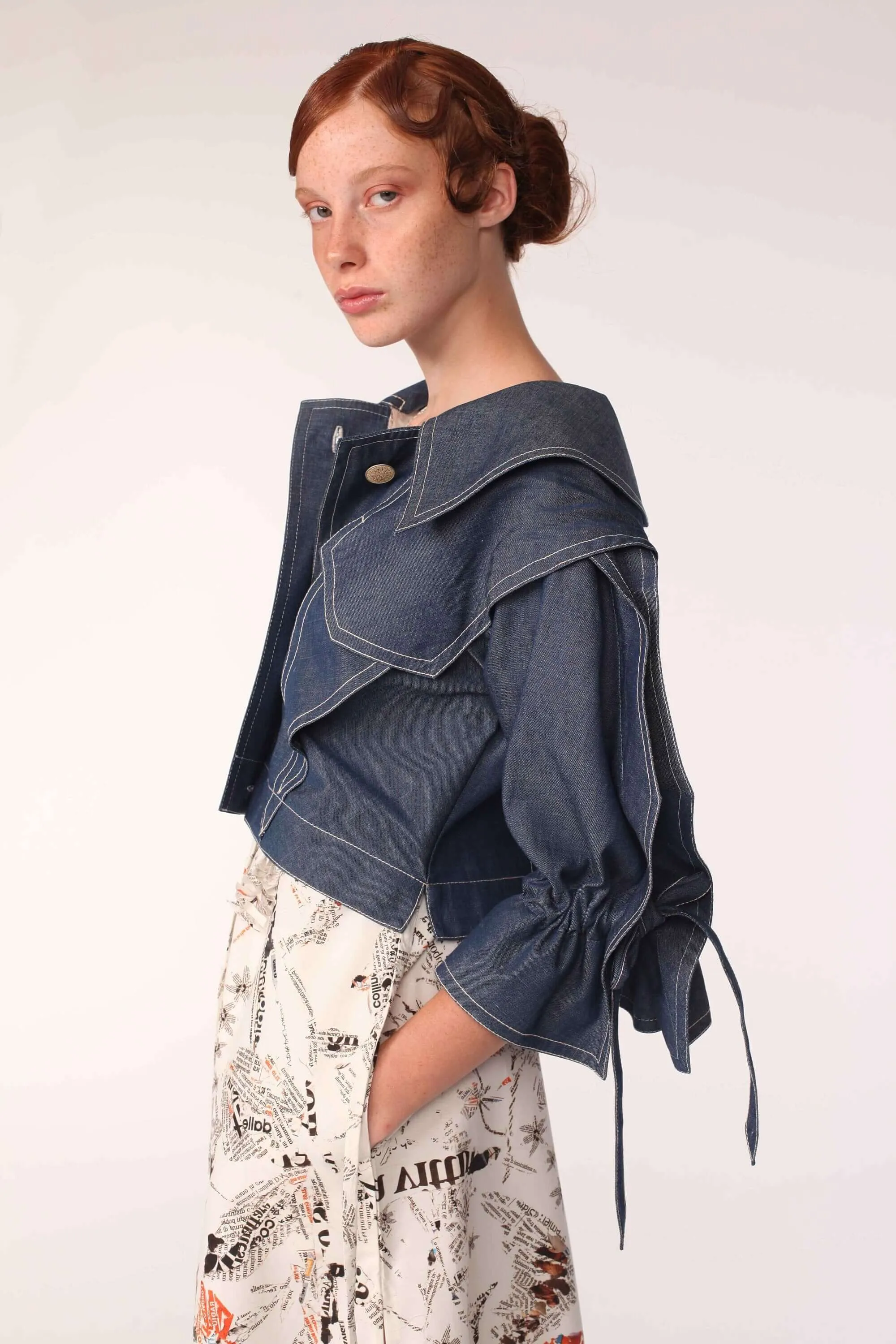 Origami Squarish Sleeve Cotton Denim Jacket  Handmade in Japan, Navy